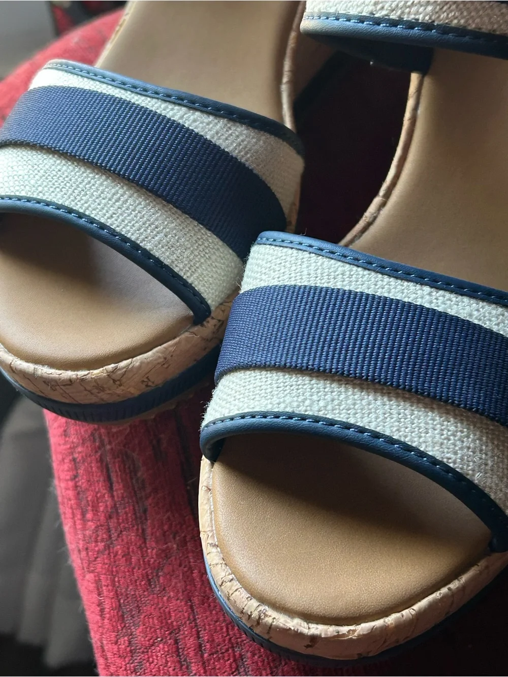 Sperry Navy and Cream Striped Wedge Sandals - Women